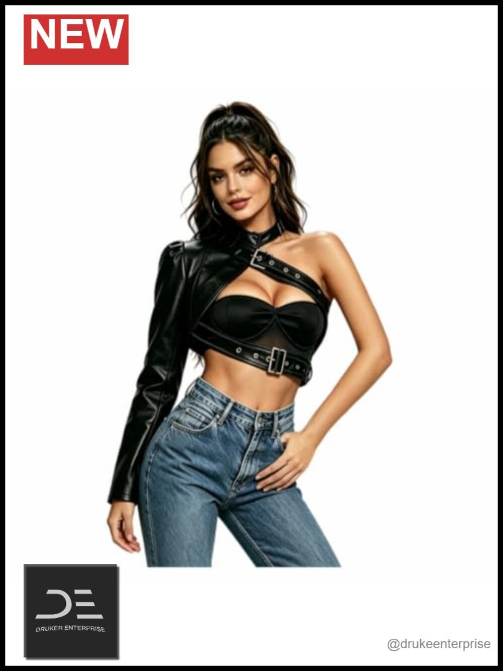 One-Shoulder Faux Leather Jacket Y2K Grunge Biker Cropped Outerwear